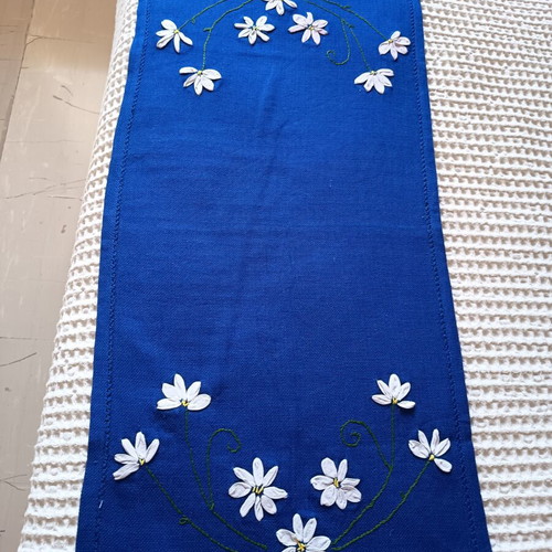 Handmade table runner blue with ribbon embroidery and lace 85x37