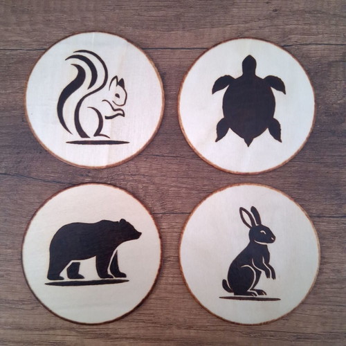 Set of 4 handmade coasters with pyrography, forest animals, new