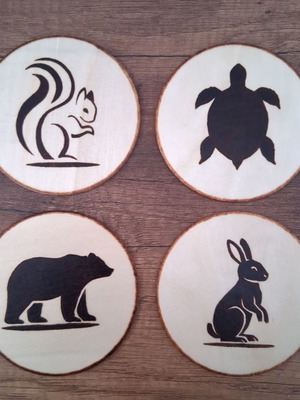 Set of 4 handmade coasters with pyrography, forest animals, new