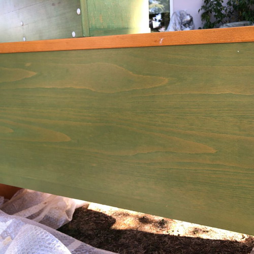 Wooden office room set used, green details, desk and drawer