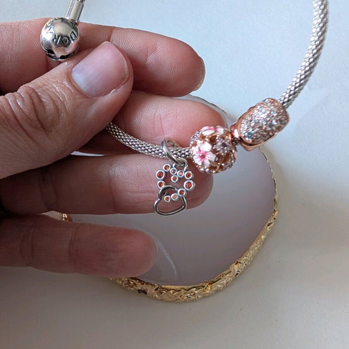 Charm double hanging heart with orange stones, new, S925 silver