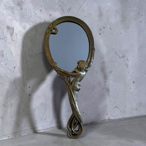 Art Nouveau bronze hand mirror like new, 26 cm