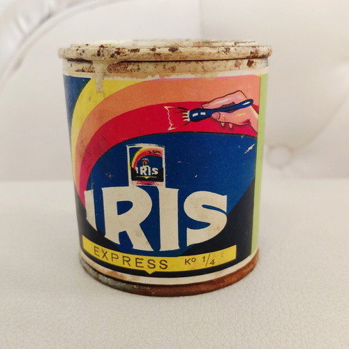 Iris vintage metal paint tin, 1960s