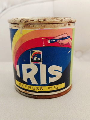 Iris vintage metal paint tin, 1960s