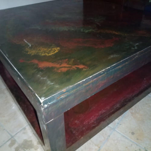 Handmade coffee table with epoxy resin and abstract design, used