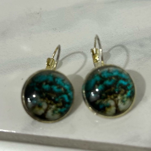 Earrings with Tree of Life graphic like new, alloy glass