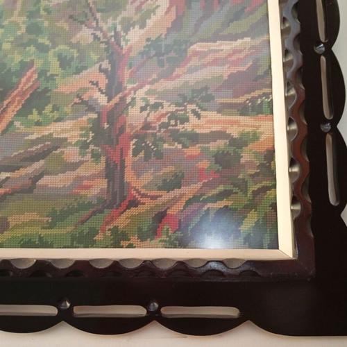 Handmade embroidery painting in solid walnut frame with glass