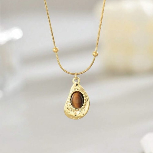 Steel necklace with brown stone new