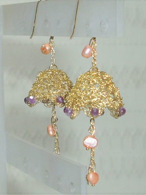 Handmade gold-plated 925 silver earrings with amethysts and pearls new