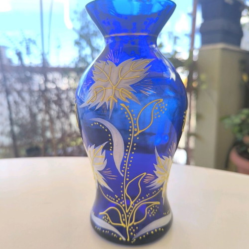 Cobalt glass vase used with painted flowers