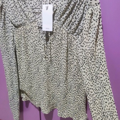 Mango Pomelo Tie Neck Spot Print Blouse new, beige with black polka dots