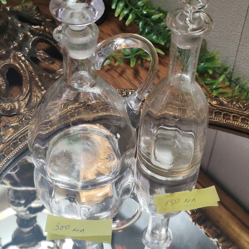 Vintage French glass cruet set for oil and vinegar with ground stoppers