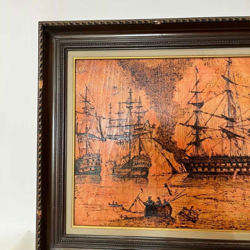 Vintage pyrography wall frame with naval battle scene, artist signed, 50x60