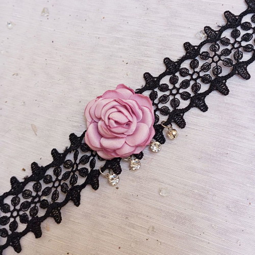 Lace choker new with pink rose and decorative elements
