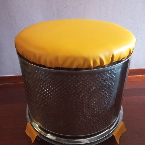 Upcycled metal wheeled stool with storage and yellow faux leather new