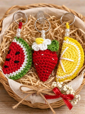 Fruit-themed handmade crochet keychains and fridge magnets for favors new