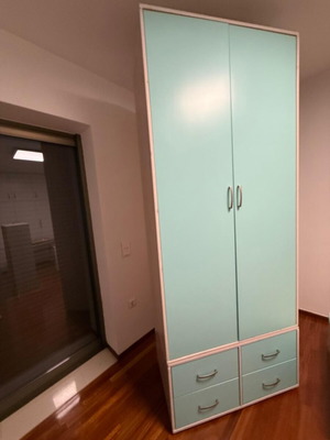 Wardrobe with drawers, bed with mattress, storage, lift-up desk, bookshelf