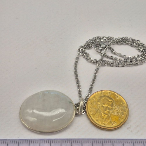 Moonstone Silver 925 Necklace with Oval Pendant and Stainless Steel Chain