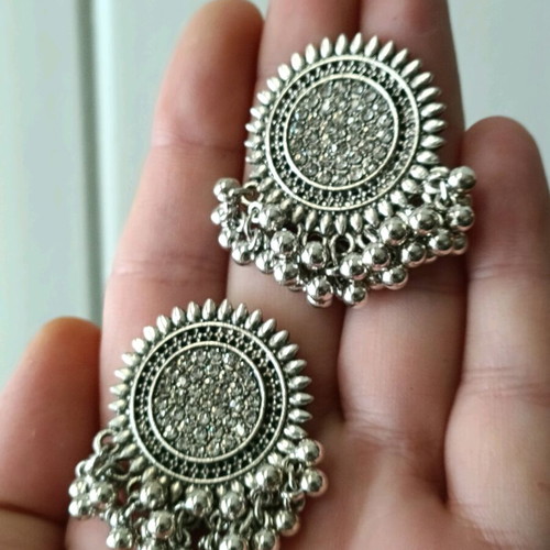 Mandala women's earrings new, oxidized silver finish, steel with moving beads