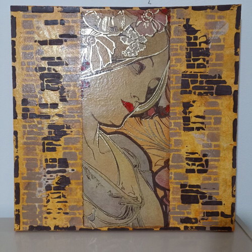 Decoupage frame female figure new, wooden stretcher with canvas