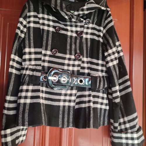 Actuel checked short coat unused with patent belt one size black white