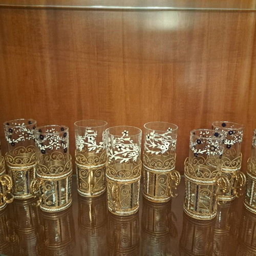 Collectible hand-painted glasses set of 9 new with gilded bases