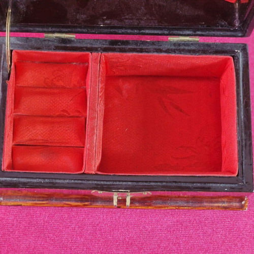 Wooden vintage jewelry box used, Chinese style with ring slots