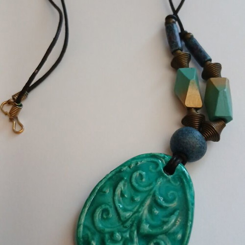 Handmade Boho Necklace with Embossed Ceramic Pendant, turquoise, 44 cm