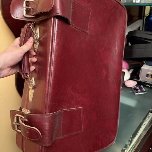 Vintage burgundy suitcase used, retro decorative collectible