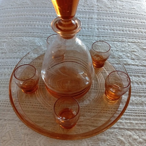 Vintage liqueur set with tray, 5 glasses and bottle