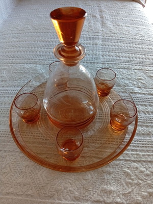 Vintage liqueur set with tray, 5 glasses and bottle