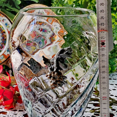 Crystal glass vase with metal grape and vine applique