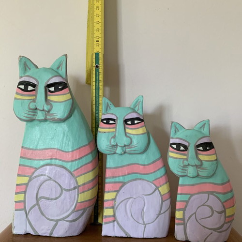 Wooden cat figurines used, set of 3, pastel colors