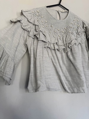 Zara Basic gray blouse with pearls and ruffles, like new, size M