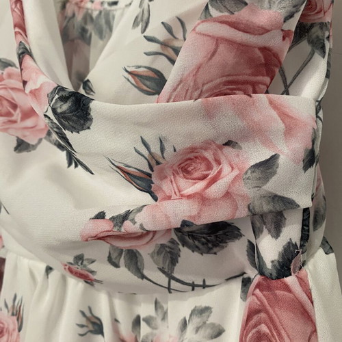 Floral dress new, adjustable straps, wrap cut, elastic under bust, white and pink