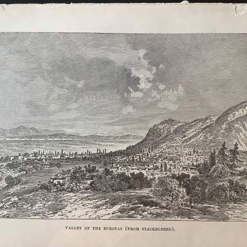 Woodcut 1880 Sparta Valley of Eurotas used