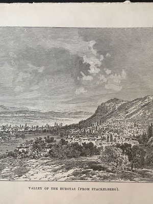 Woodcut 1880 Sparta Valley of Eurotas used
