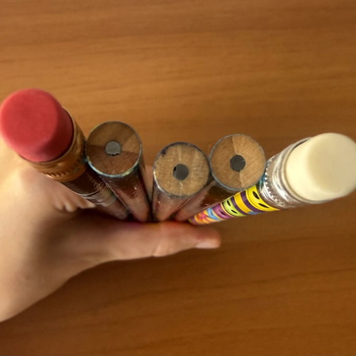 Pencils, erasers, sharpener and bookmarks new set