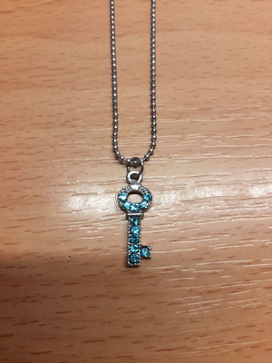Key necklace new with chain and turquoise rhinestones