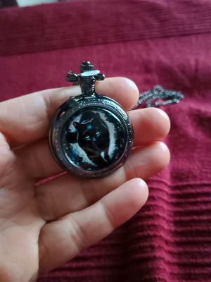 Gothic pocket watch with black cat and stained glass style face, new