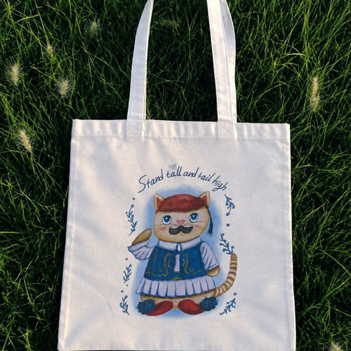Tsolias Cat Tote Bag, white polyester shoulder bag