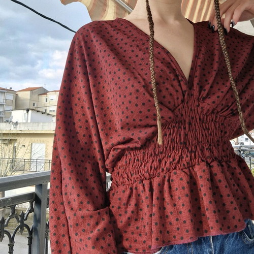 Burgundy blouse with black polka dot pattern Pink Woman like new, size XS
