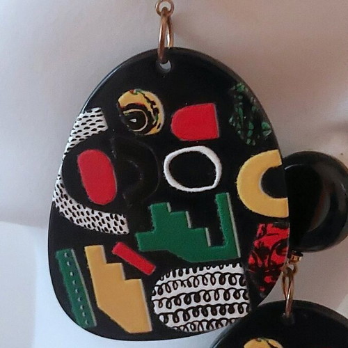 Modern Faux Bijoux Plexiglass Earrings Black with Multicolor Details Like New