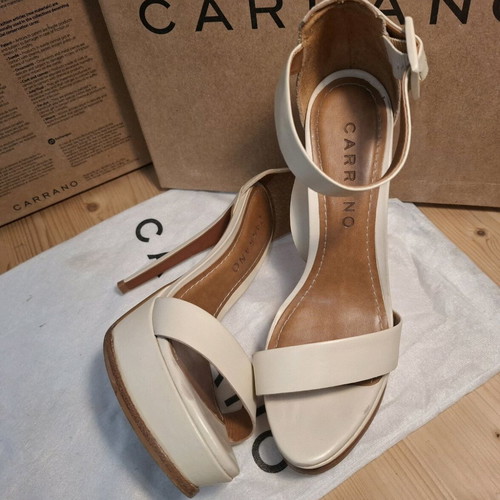 Caranno strapped heels used beige leather wedding shoes, 14 cm heel