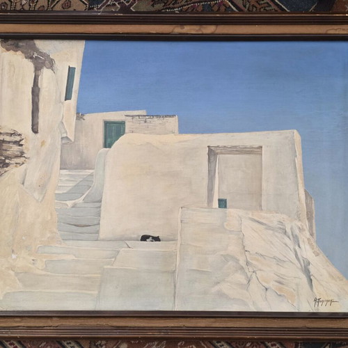 Antonis Politakis Painting Chora of Ios tempera on cardboard used