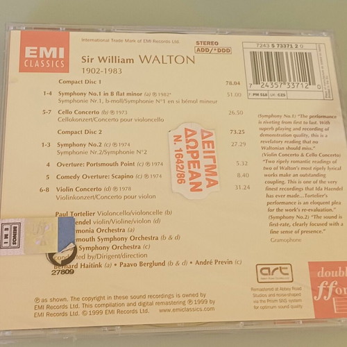 Sir William Walton Violin Concerto Cello Concerto Symphonies 1 & 2 2CD new, classical