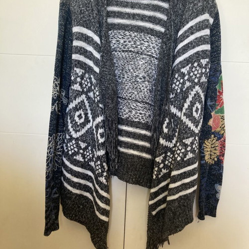 Desigual women's cardigan like new, medium, gray-white with fringes and floral sequins