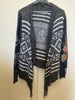 Desigual women's cardigan like new, medium, gray-white with fringes and floral sequins