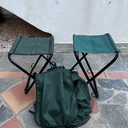 Camping set with 2 folding stools and backpack used