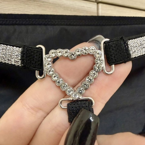 Intimissimi black satin t-string with silver rhinestone heart, brand new